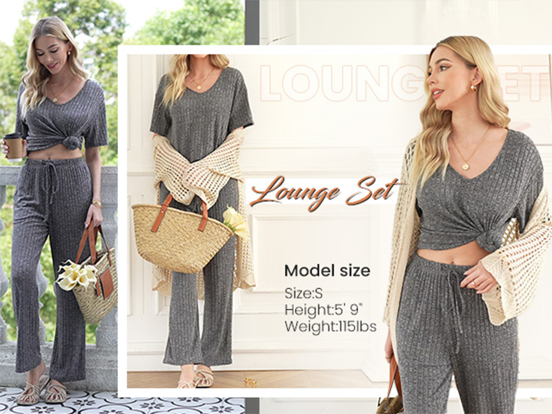 Ekouaer Lounge Sets for Women Ribbed Pajama Set Short Sleeve Top